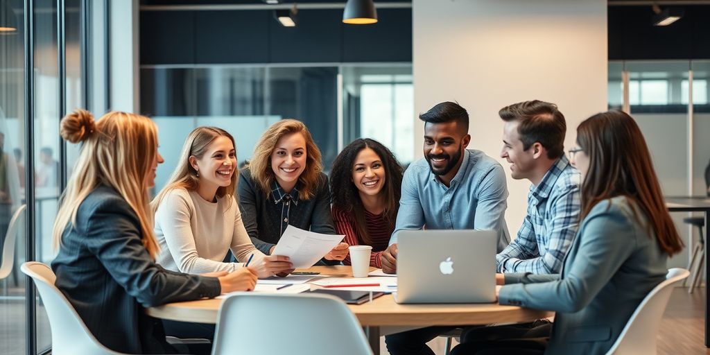 Employees collaborating in a modern office
