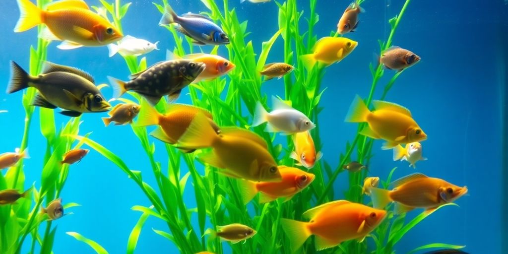 Makukulay na freshwater fish na lumalangoy sa isang luntiang aquarium.