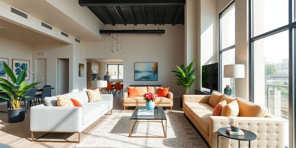 Modern remodeled living room with stylish furniture and decor.