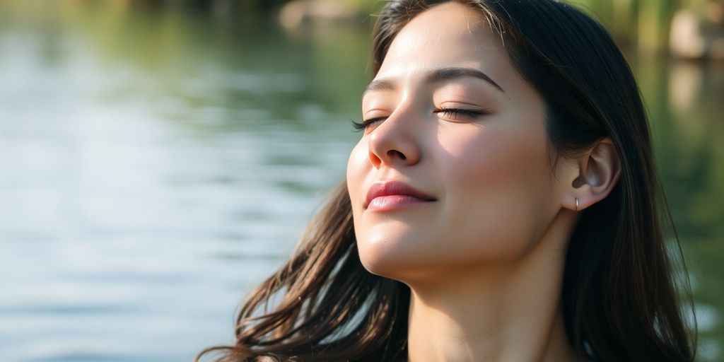 Woman meditating peacefully outdoors near serene water.