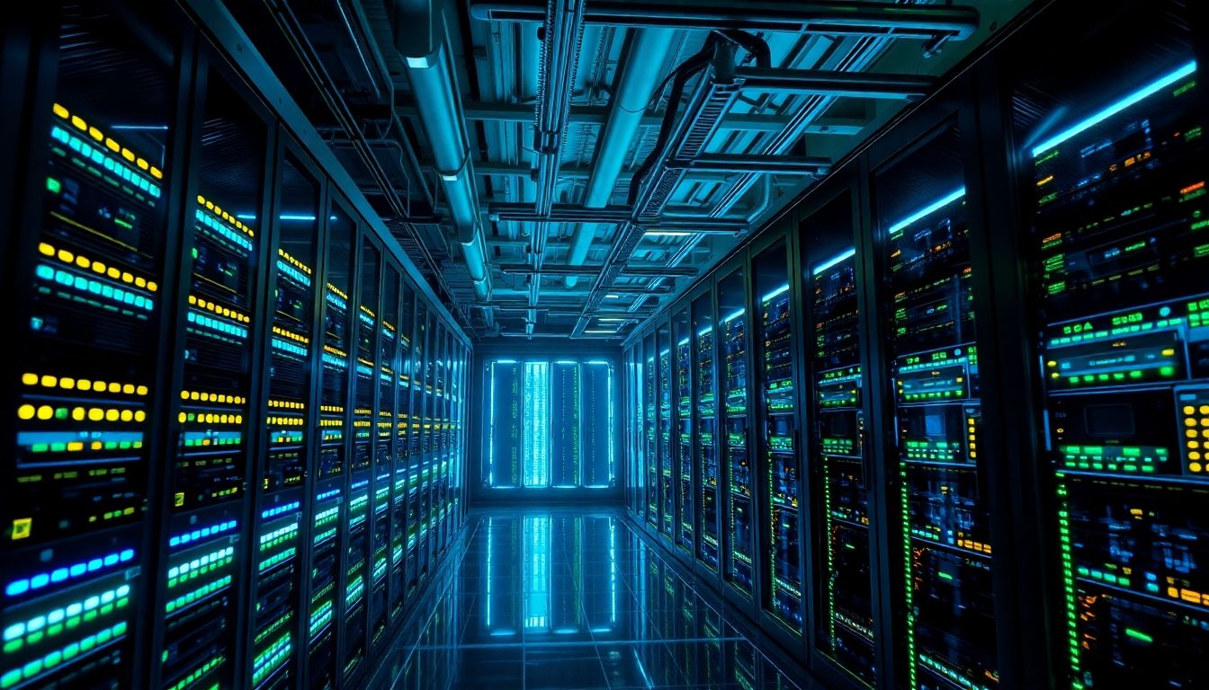 Futuristic data centre with glowing servers and cooling systems.