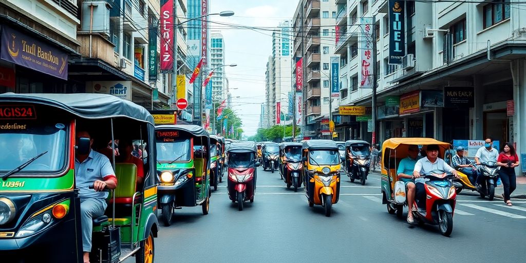 Busy Bangkok street with tuk-tuks and heavy traffic.