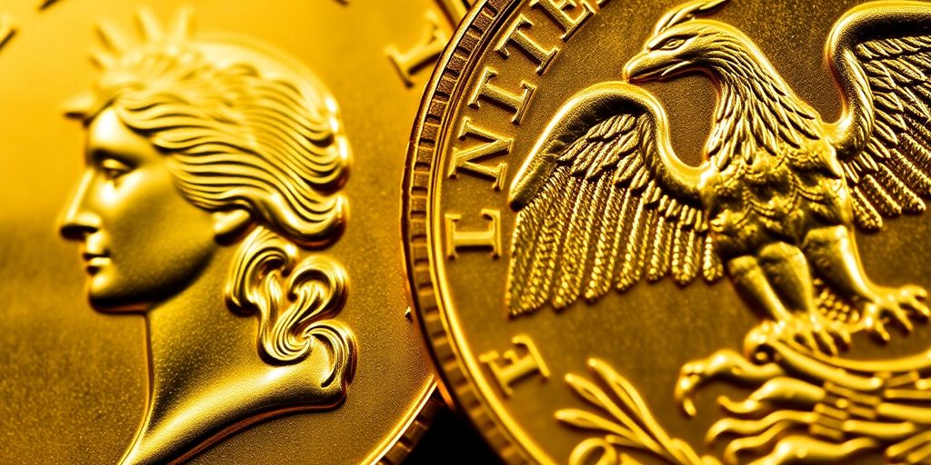 Deux pièces d'or américaines de 20 dollars côte à côte.