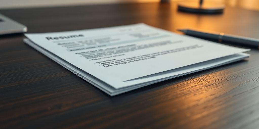 Polished resume on wooden desk.