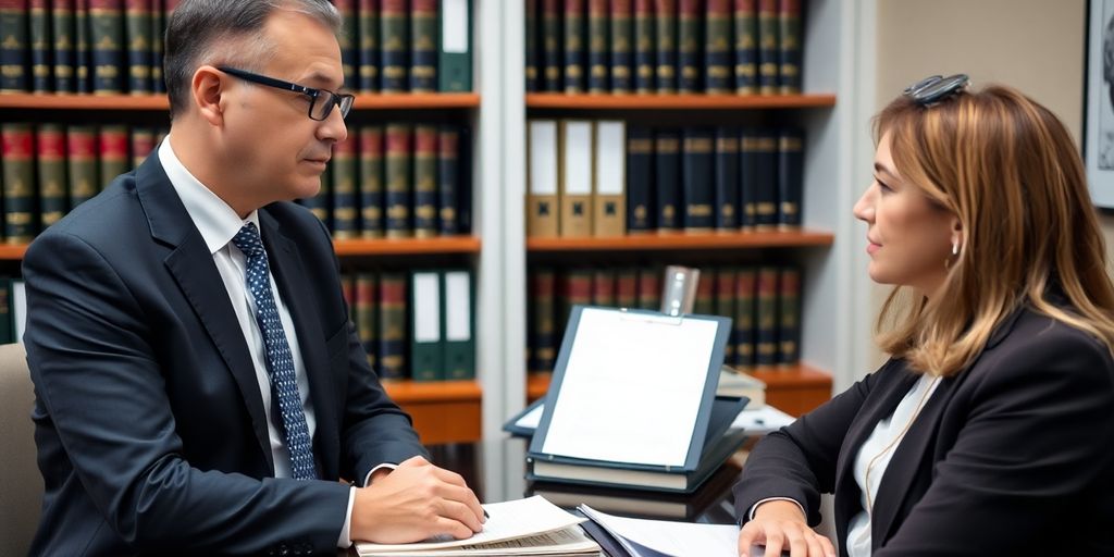 Lawyer and client consulting in a professional office.
