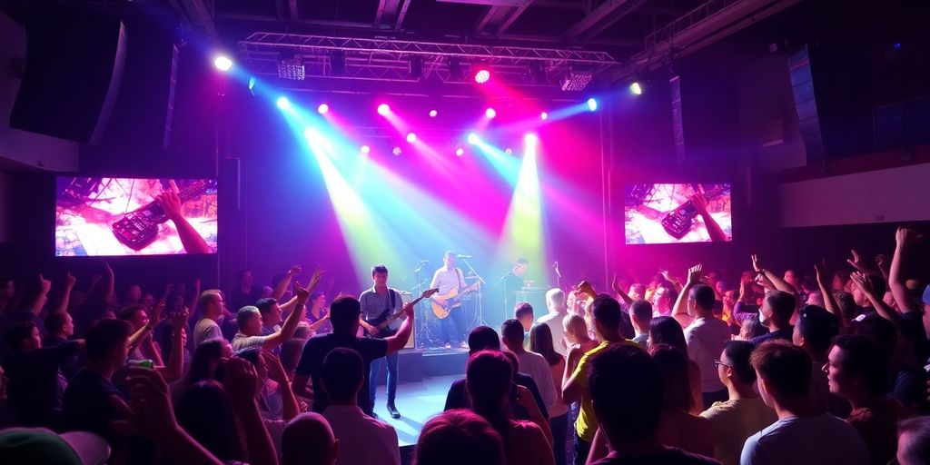 Energetic performance area with musicians and cheering crowd.