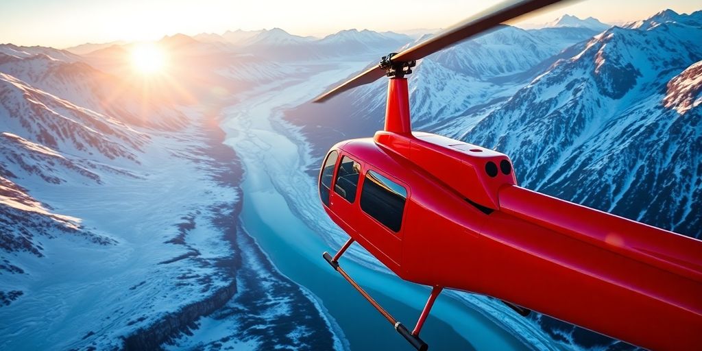 A red helicopter flies over snow-capped Alaskan mountains.