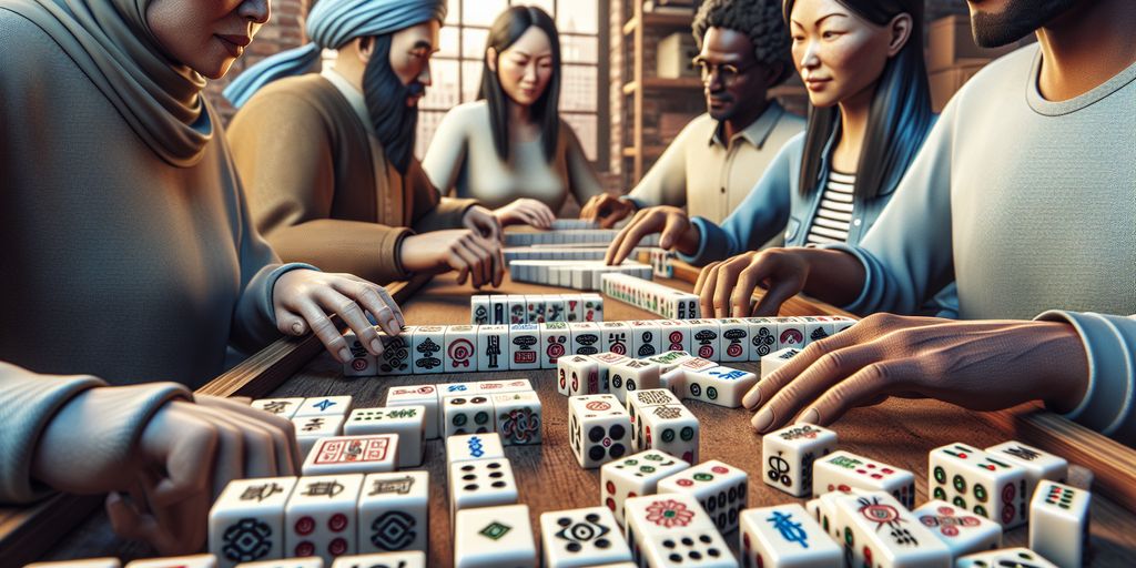 Mahjong tiles spread out on a table with people playing in the background