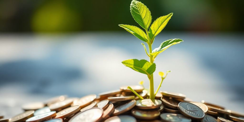 A plant growing from coins, symbolizing financial growth.
