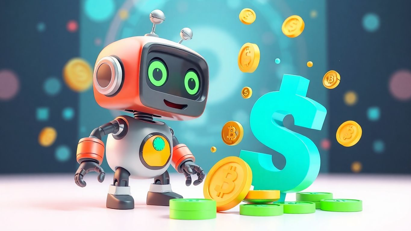 3D illustration of a stylized robot interacting with digital currency.