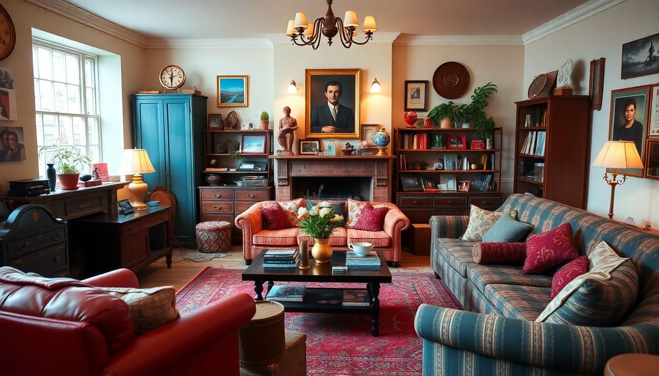 Vintage living room with eclectic furniture and decor.