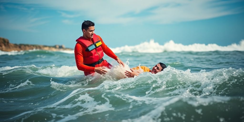 Lifeguard rescuing swimmer in turbulent ocean waves.