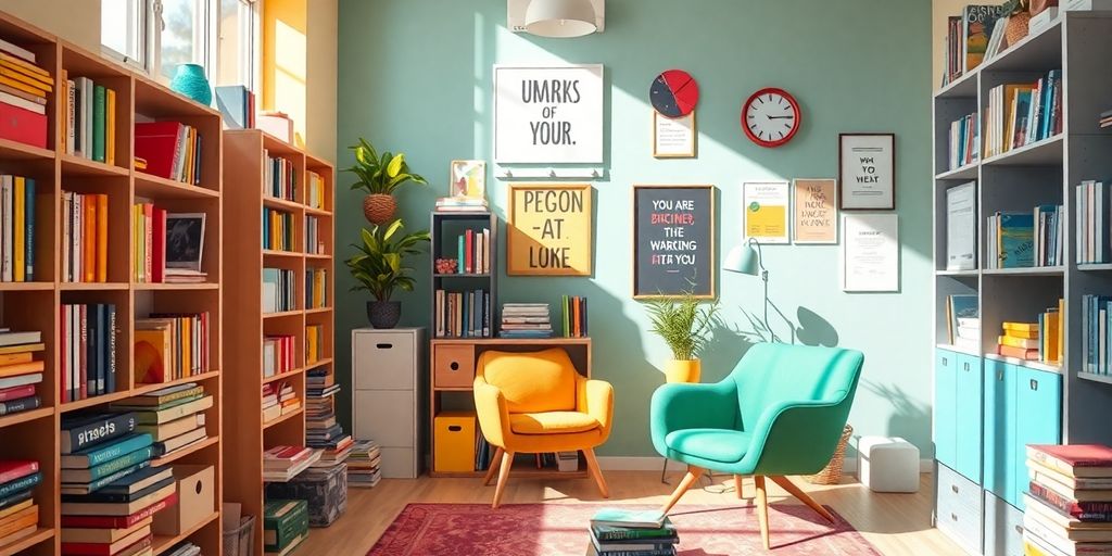 Bright study space with colorful books and cozy chair.