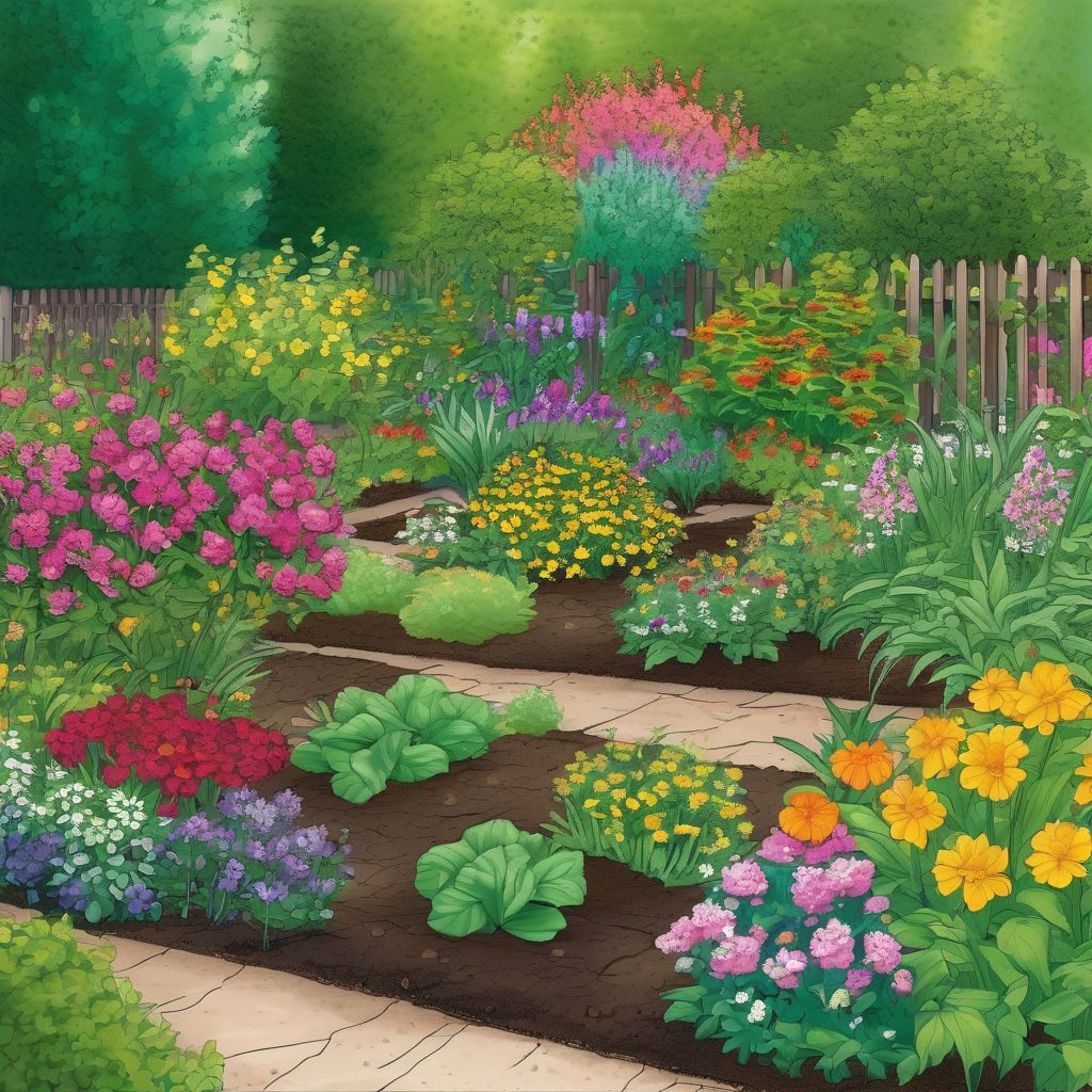 garden with healthy plants and flowers, highlighting soil and fertilizer application, emphasizing phosphorus