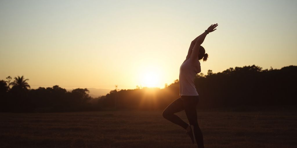 Person stretching peacefully at sunrise.
