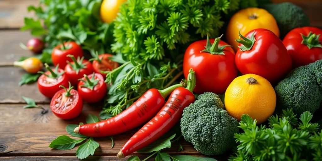 Fresh fruits and vegetables promoting gut health.