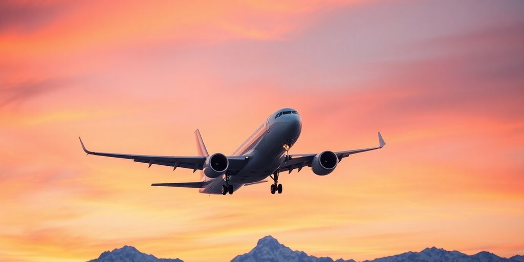 Airplane soaring above scenic mountains at sunrise.