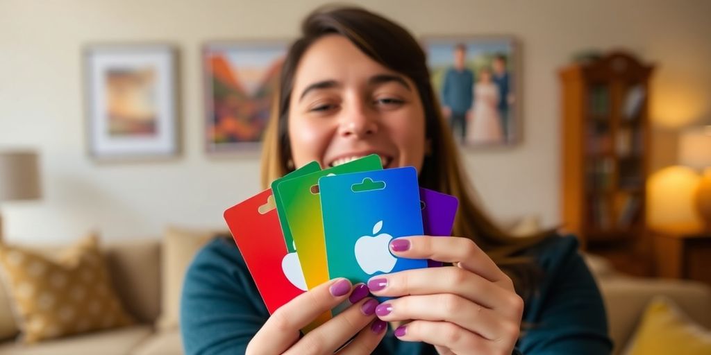Person holding Apple gift cards with a joyful expression.