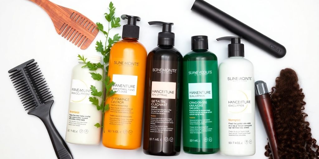 Hair care products for mixed hair on a flat surface.