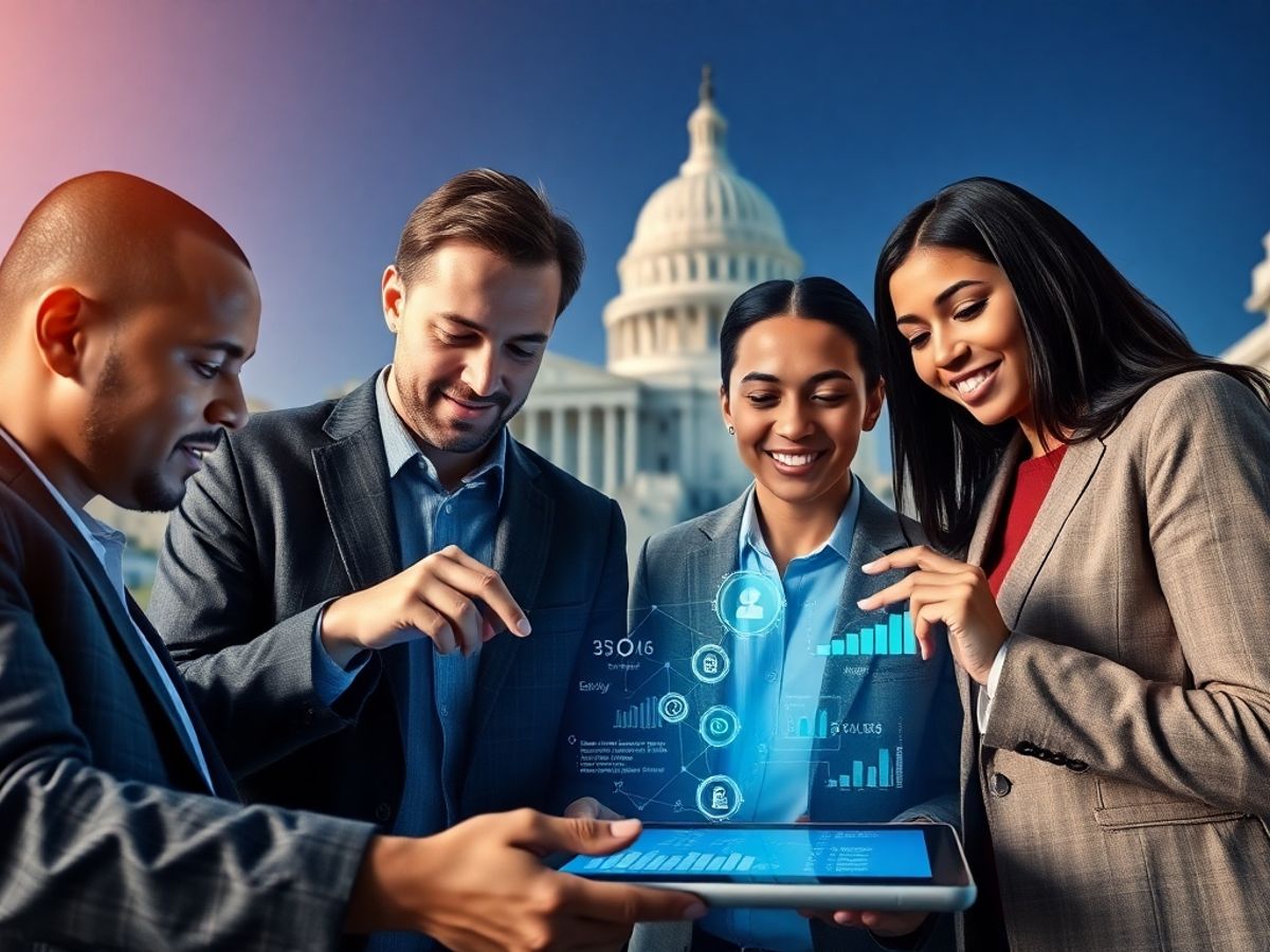 Professionals collaborating on blockchain technology in government.