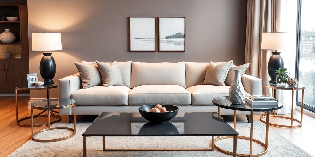 Cozy living room with plush sofa and warm lighting.