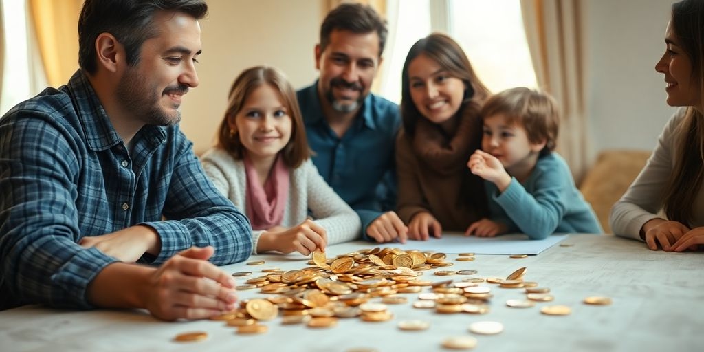 Famille souriante discutant autour d'une table avec des pièces d'or.