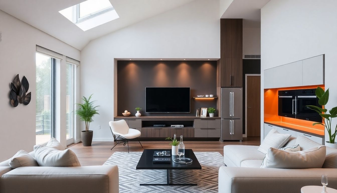 Modern living room with smart devices and energy-efficient appliances.