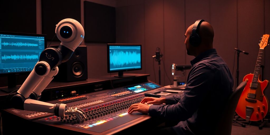 Recording studio, human and robot collaborate on music.