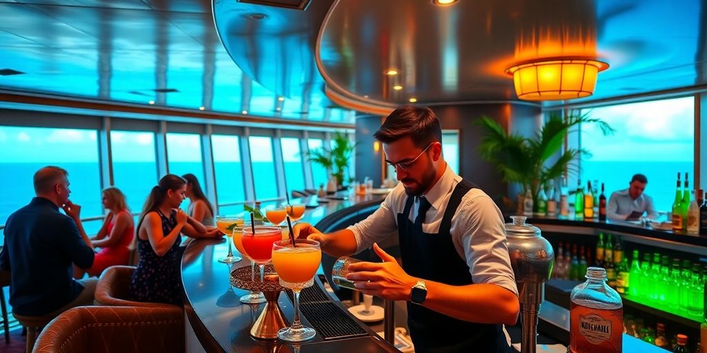 Bartender preparing cocktails on a cruise ship bar.