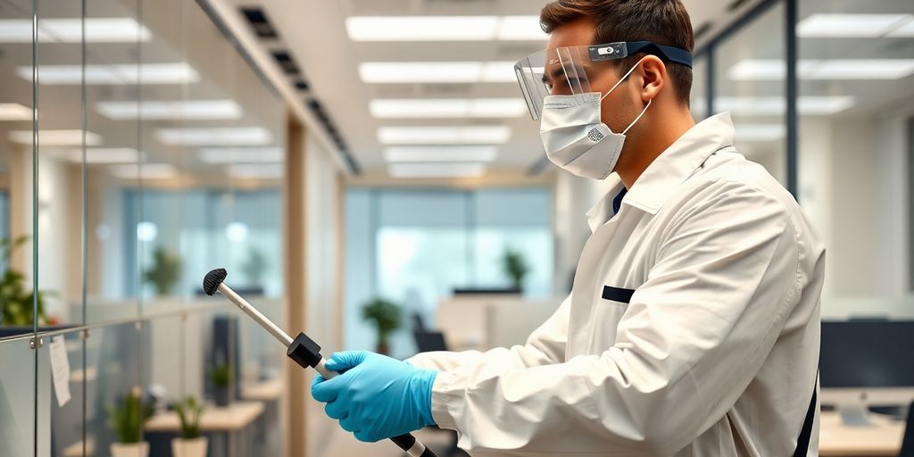 Profesional de curățenie realizând dezinfectie rapidă.
