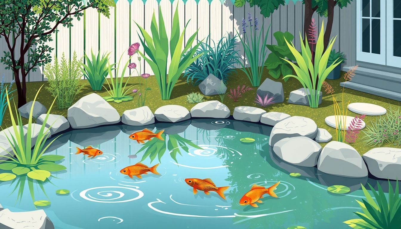 Serene backyard water garden with pond and plants.