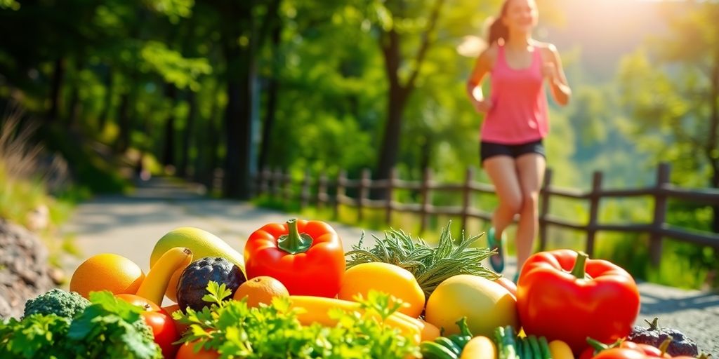 Person running outdoors, healthy food.