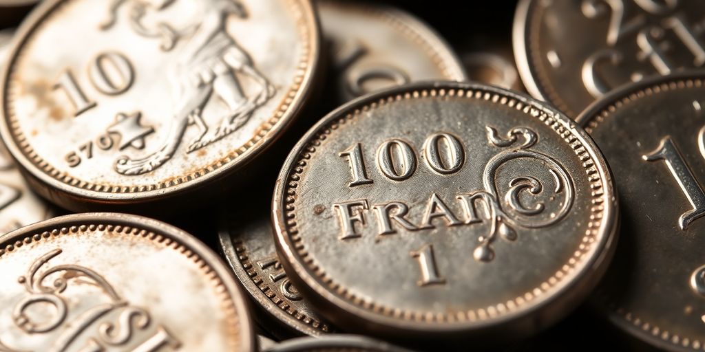 Pièces de 100 francs en argent, brillance métallique.