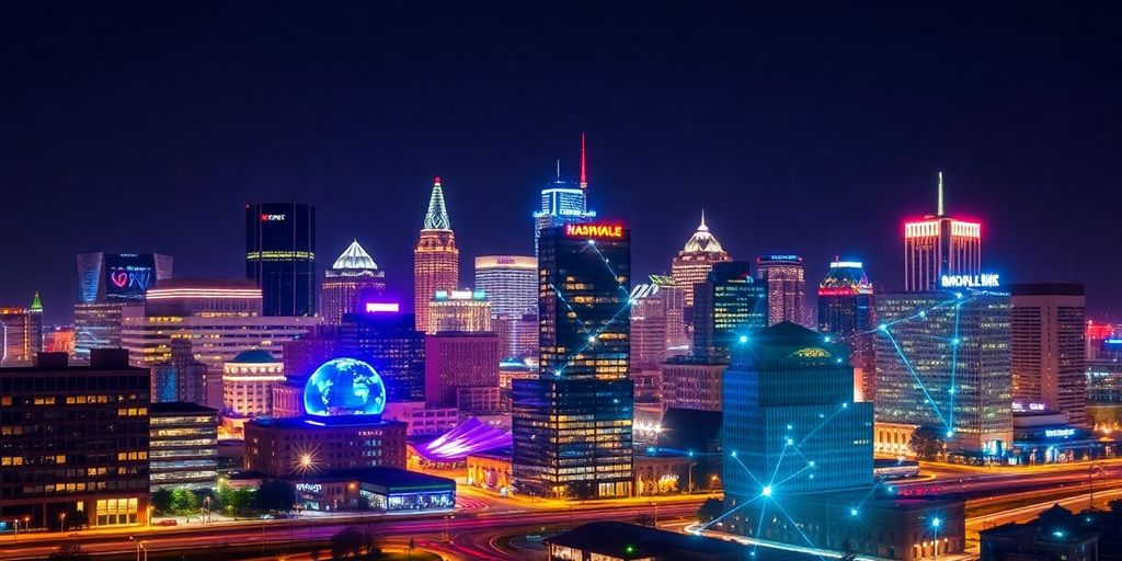 Nashville skyline with digital technology elements at night.