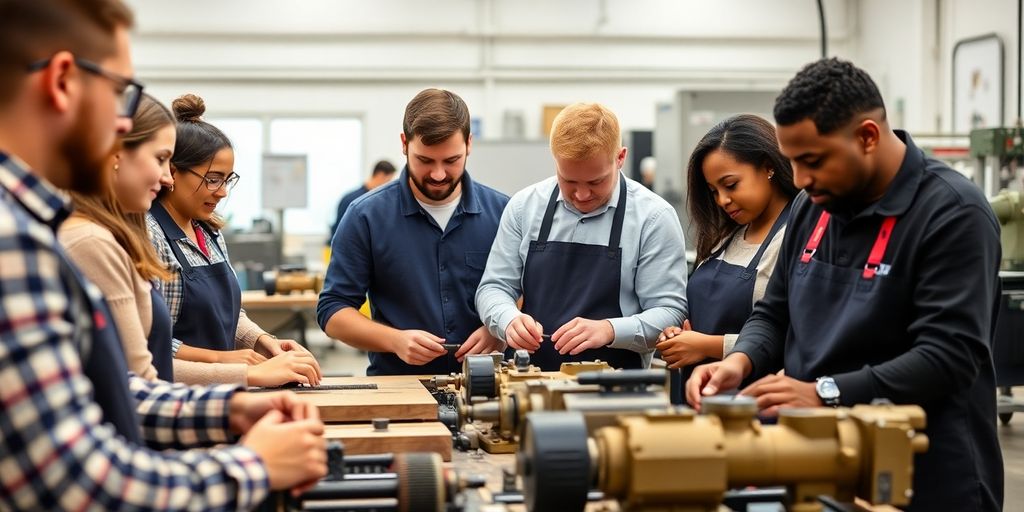 Apprentices working together in a modern workshop.