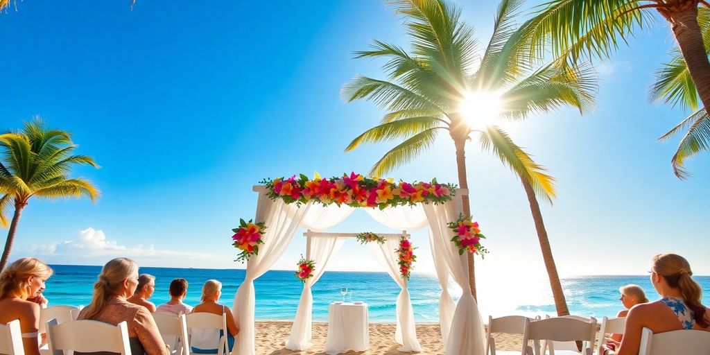 Beach wedding ceremony at Dreams Los Cabos resort.