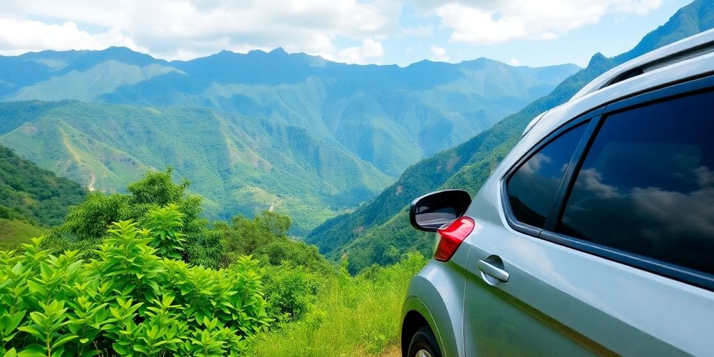 Rental car in scenic Swat mountains with greenery.