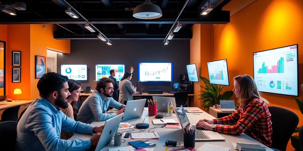 Team collaborating in an office with digital marketing data.