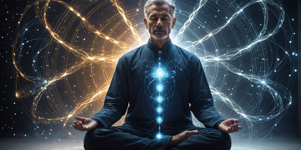 Healer meditating with quantum field and particles