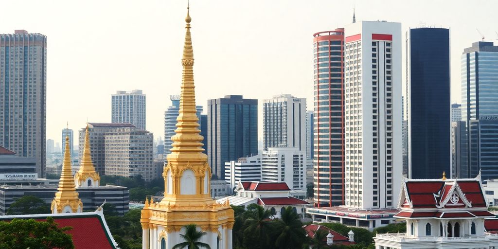Thai temple architecture with modern skyscrapers.