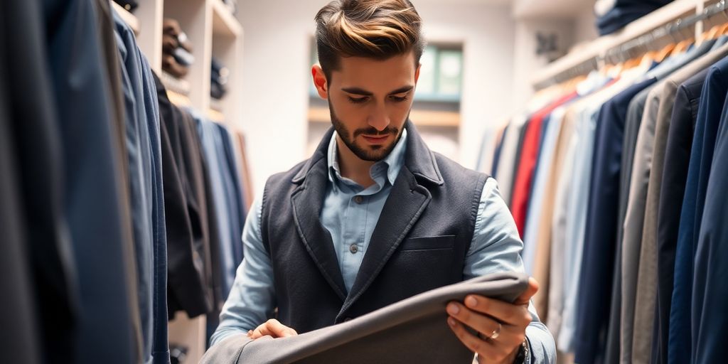 Young man choosing high-quality clothing in a boutique.