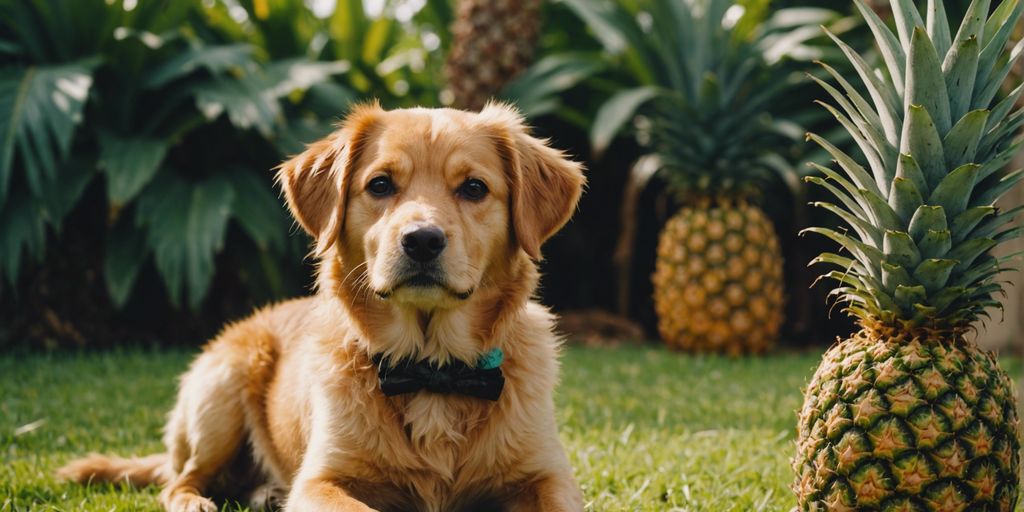Happy dog sitting beside a pineapple with a question mark above it, pondering if it's a safe treat.