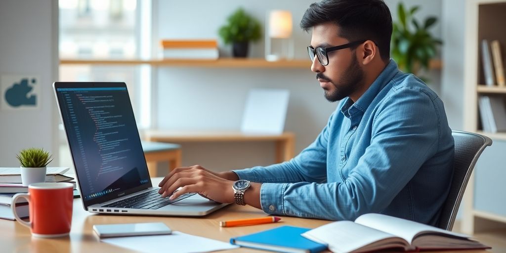 Person coding on a laptop at a desk.
