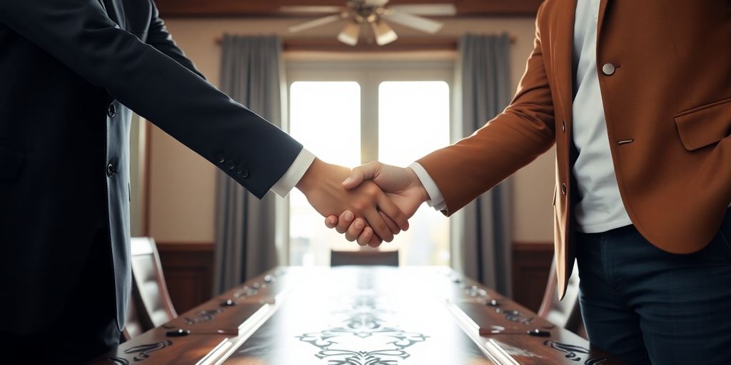 Entrepreneur smiling, shaking hands with new business owner.