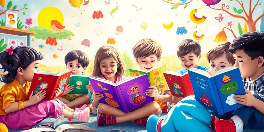 Children surrounded by colorful storybooks and whimsical illustrations.