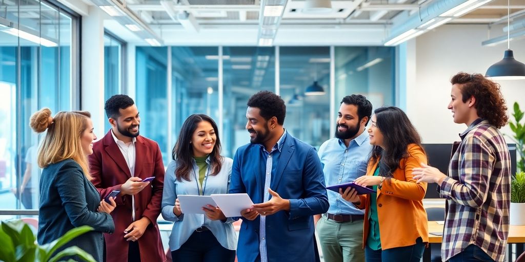 Colaboradores diversos em um ambiente de trabalho moderno.