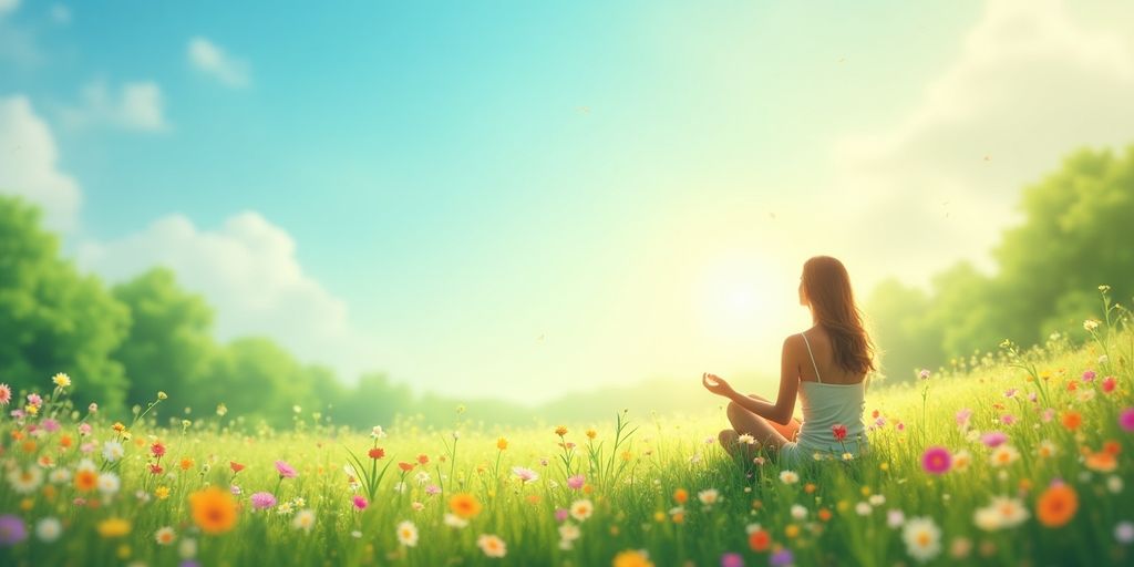 Person meditating in a vibrant, peaceful nature setting.
