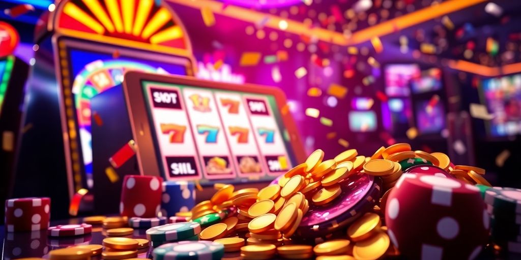 Gold coins and colorful chips around a spinning slot machine.