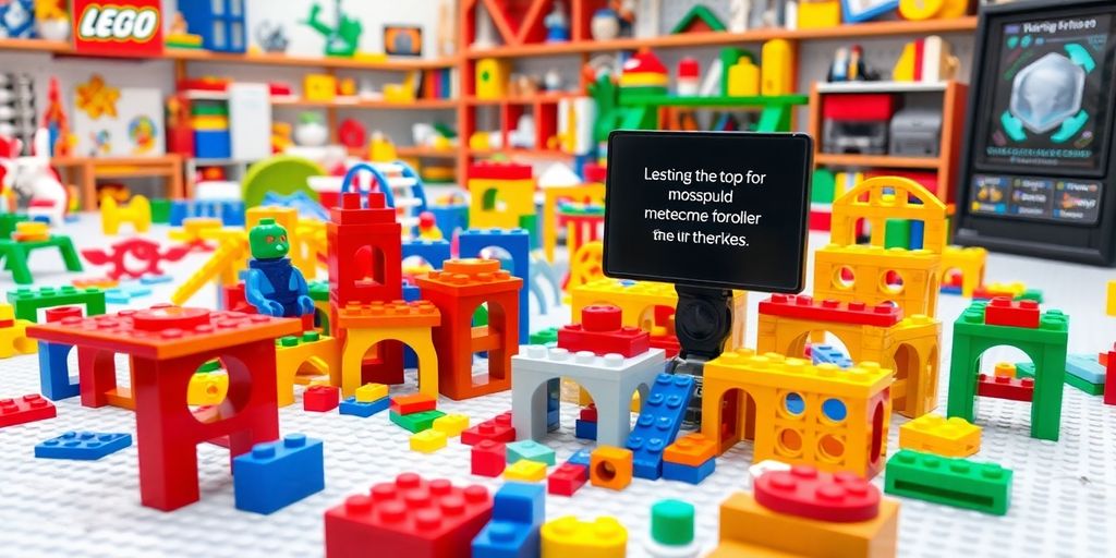 Colourful Lego bricks and digital design interface.