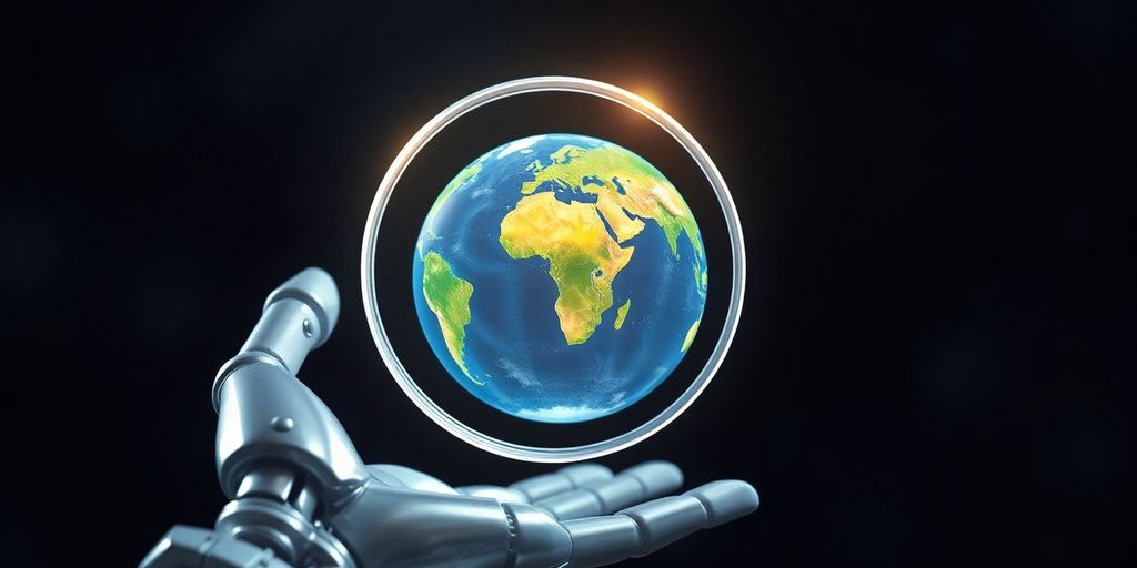 Robot hand holds glowing magnifying glass over planet